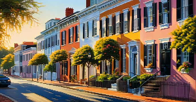A scenic view of a historical district in Charleston with restored antebellum buildings and colorful flowers along the cobblestone streets, filled with people enjoying the day.