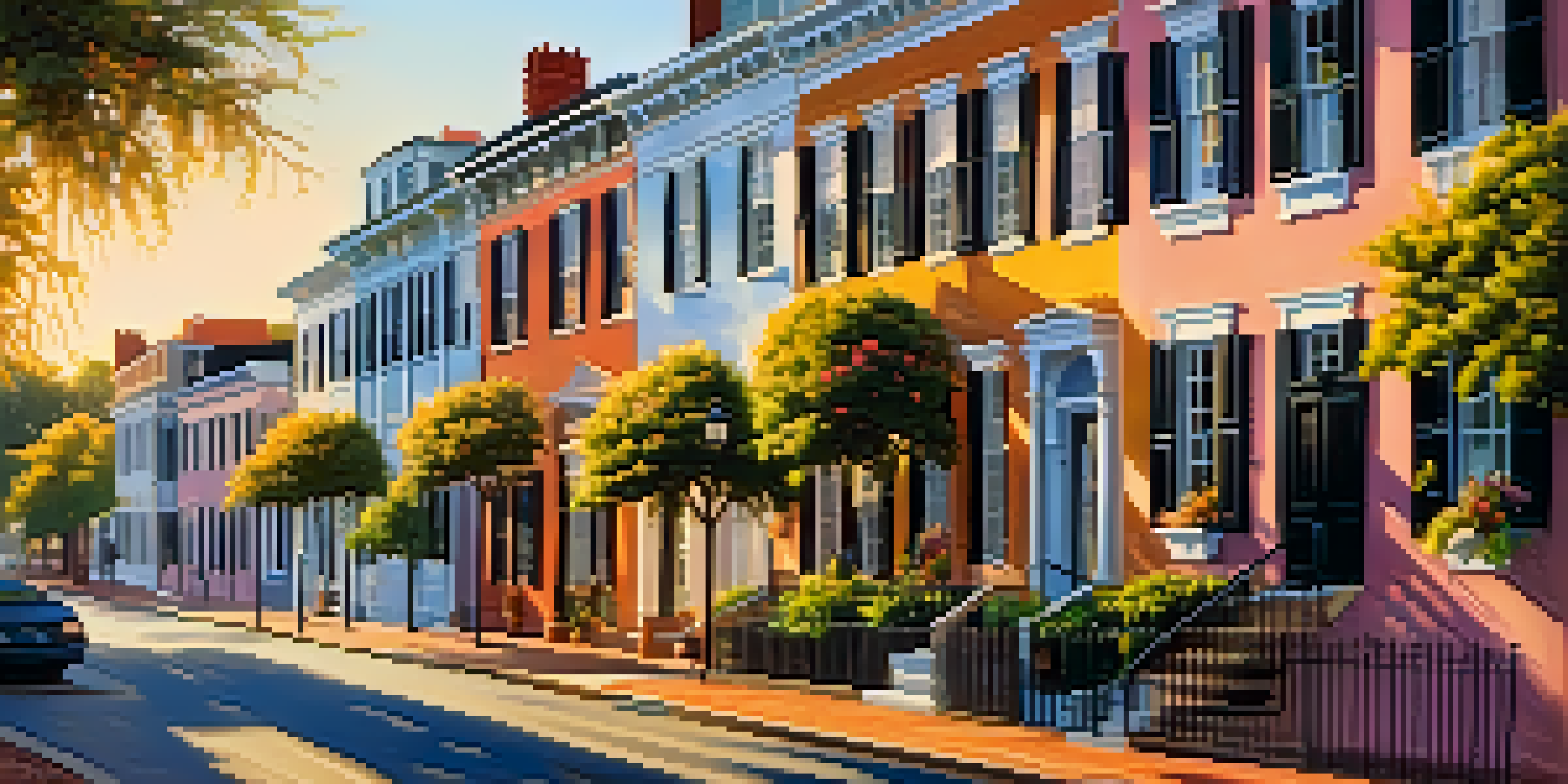 A scenic view of a historical district in Charleston with restored antebellum buildings and colorful flowers along the cobblestone streets, filled with people enjoying the day.