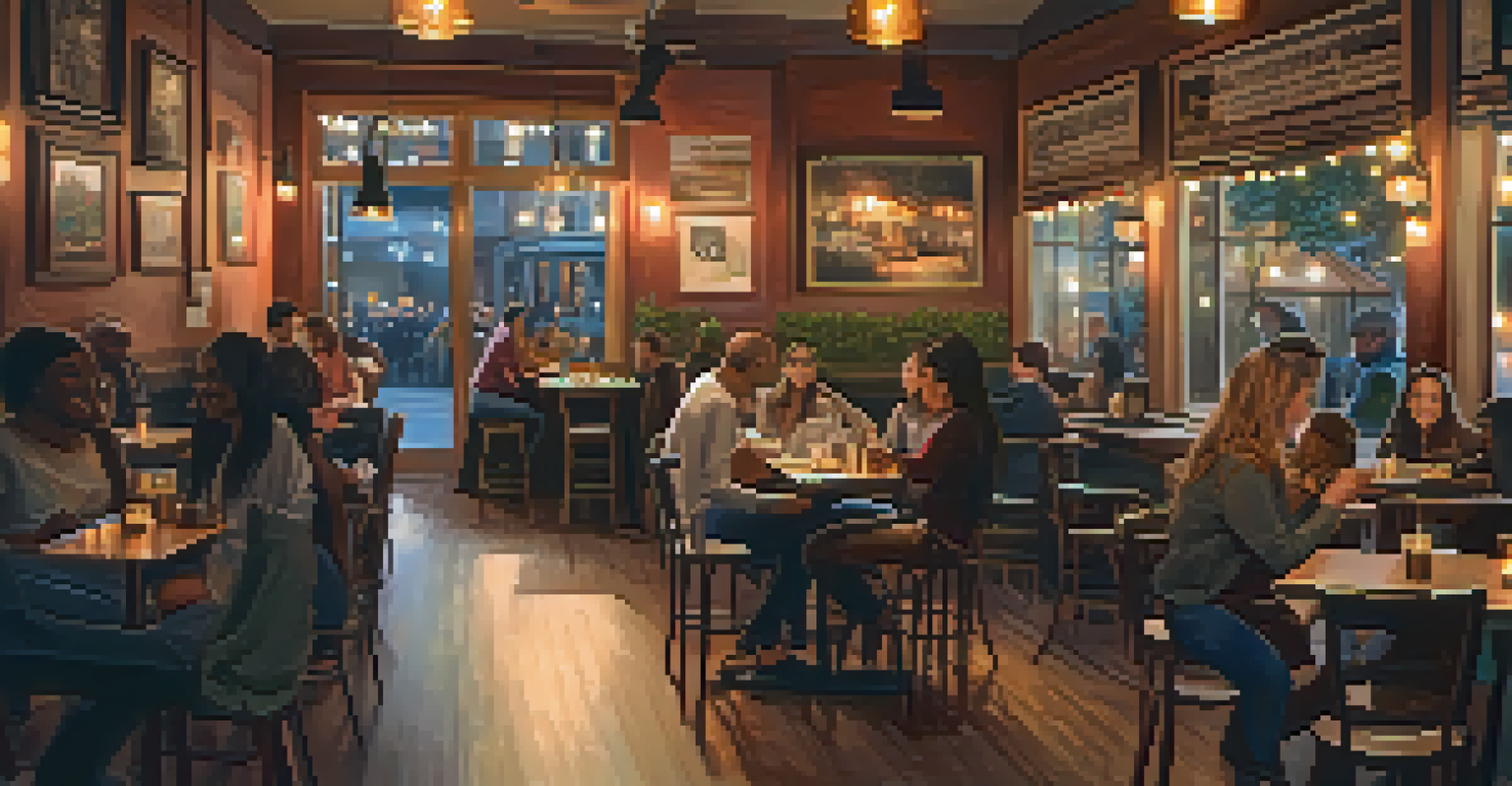 Inside a cozy café in Cupertino, a musician plays acoustic guitar while patrons enjoy their drinks, surrounded by warm lighting and art.