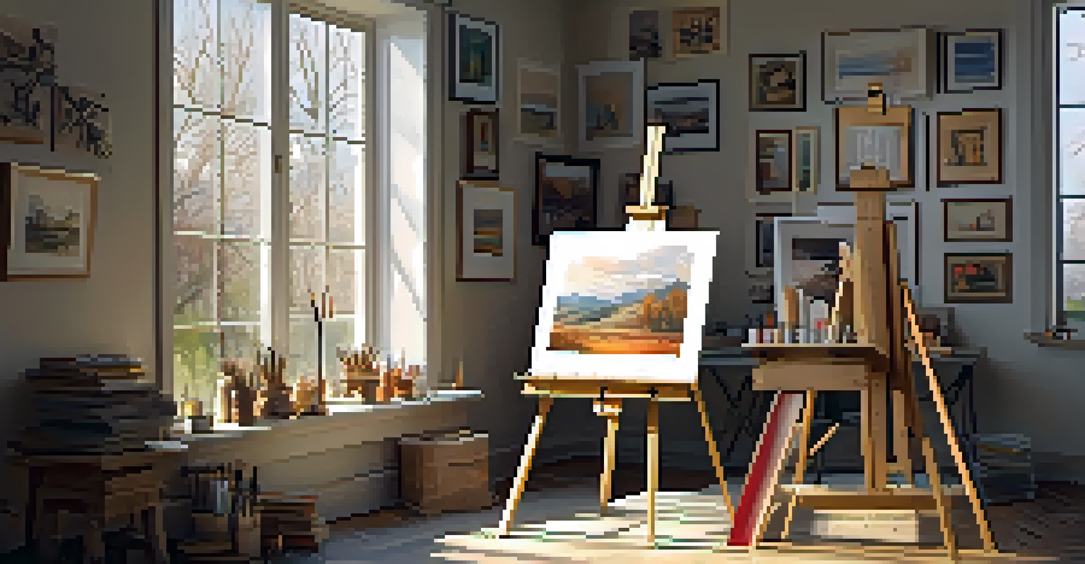 An art studio with natural light, featuring an easel, art supplies, and unfinished canvases.