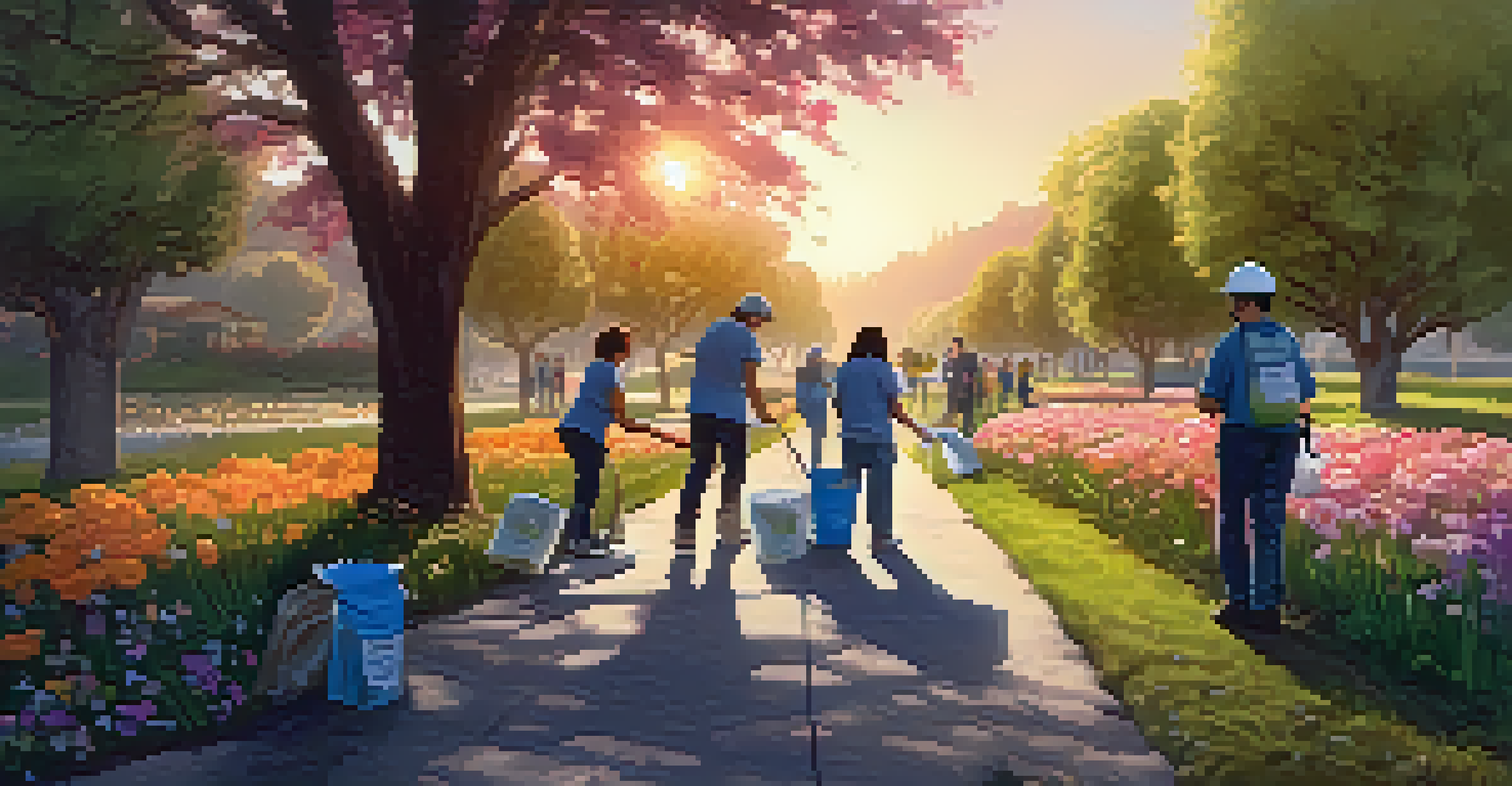 Volunteers cleaning up a park during a community cleanup event at sunset.