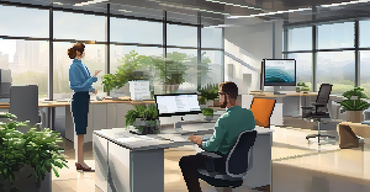 A modern office with assistive technology. A visually impaired person uses a screen reader at a computer, while another demonstrates voice recognition software. The workspace is bright and inviting with plants.