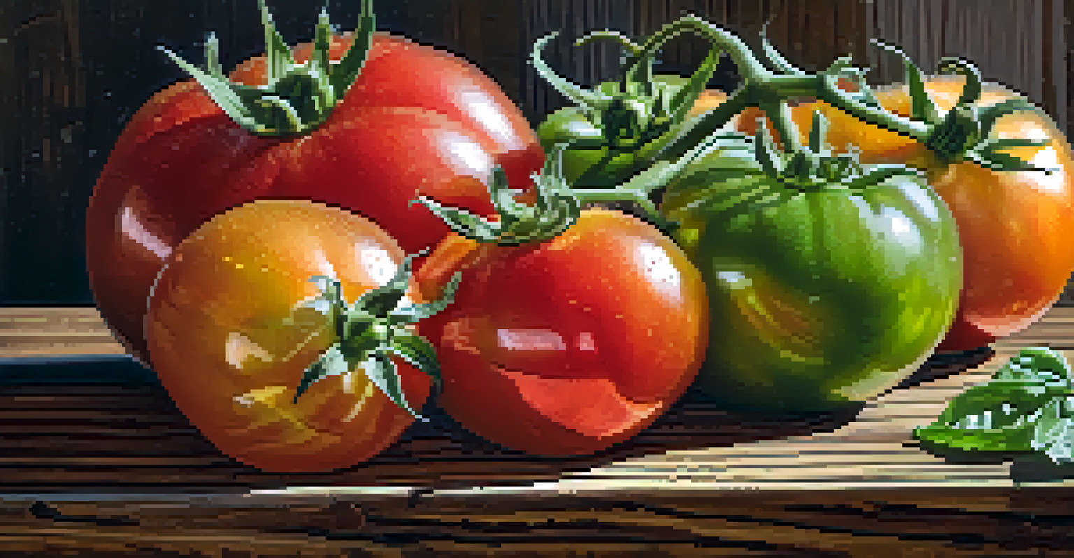 A close-up of colorful heirloom tomatoes on a wooden table, showcasing their fresh appearance and unique textures.
