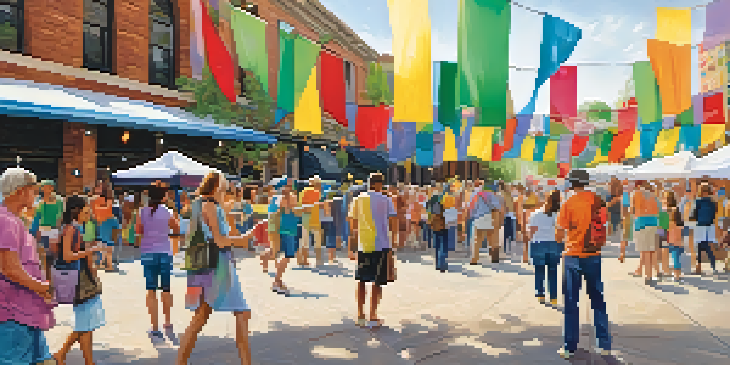 A community art event in a city plaza with people of various ages painting on canvases, surrounded by colorful decorations.