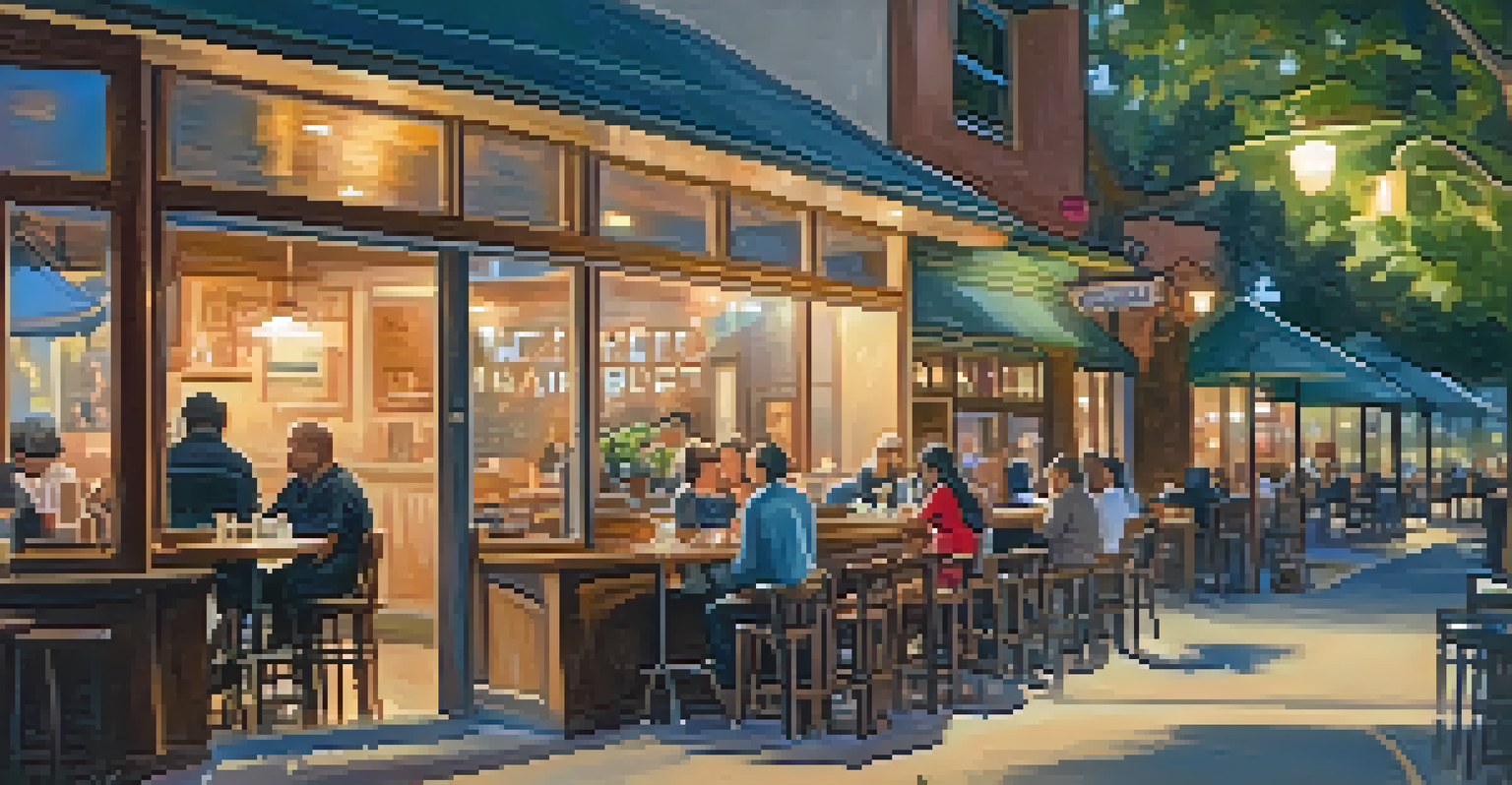 A cozy café in Cupertino featuring a singer-songwriter performing on a small stage, with patrons enjoying coffee and local artwork.