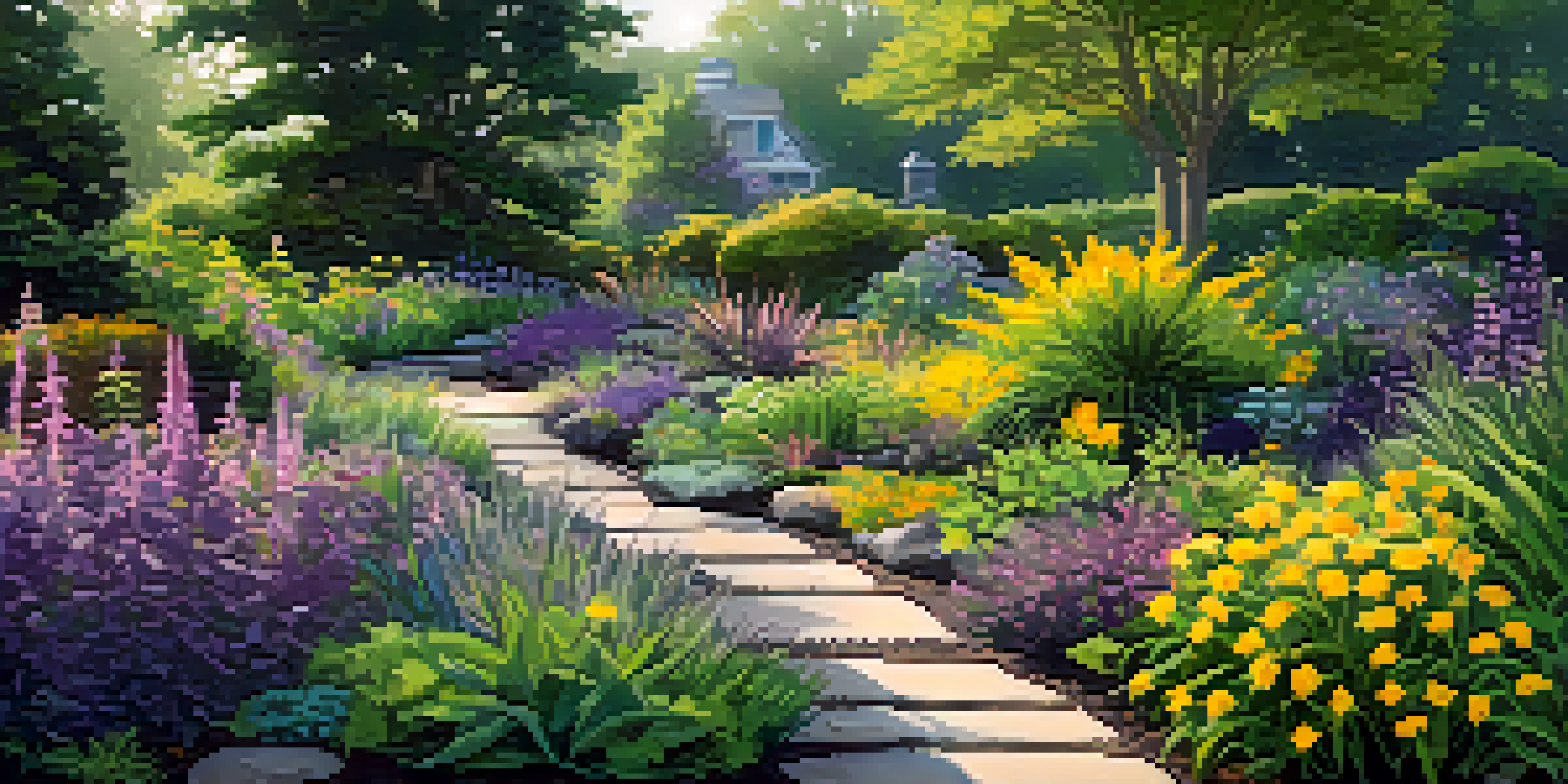 A vibrant garden filled with native plants, a winding stone path, and a rain garden, illuminated by sunlight.