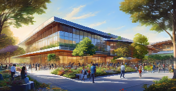 A modern tech campus with solar panels and green landscaping, featuring employees working outdoors in sunny weather.