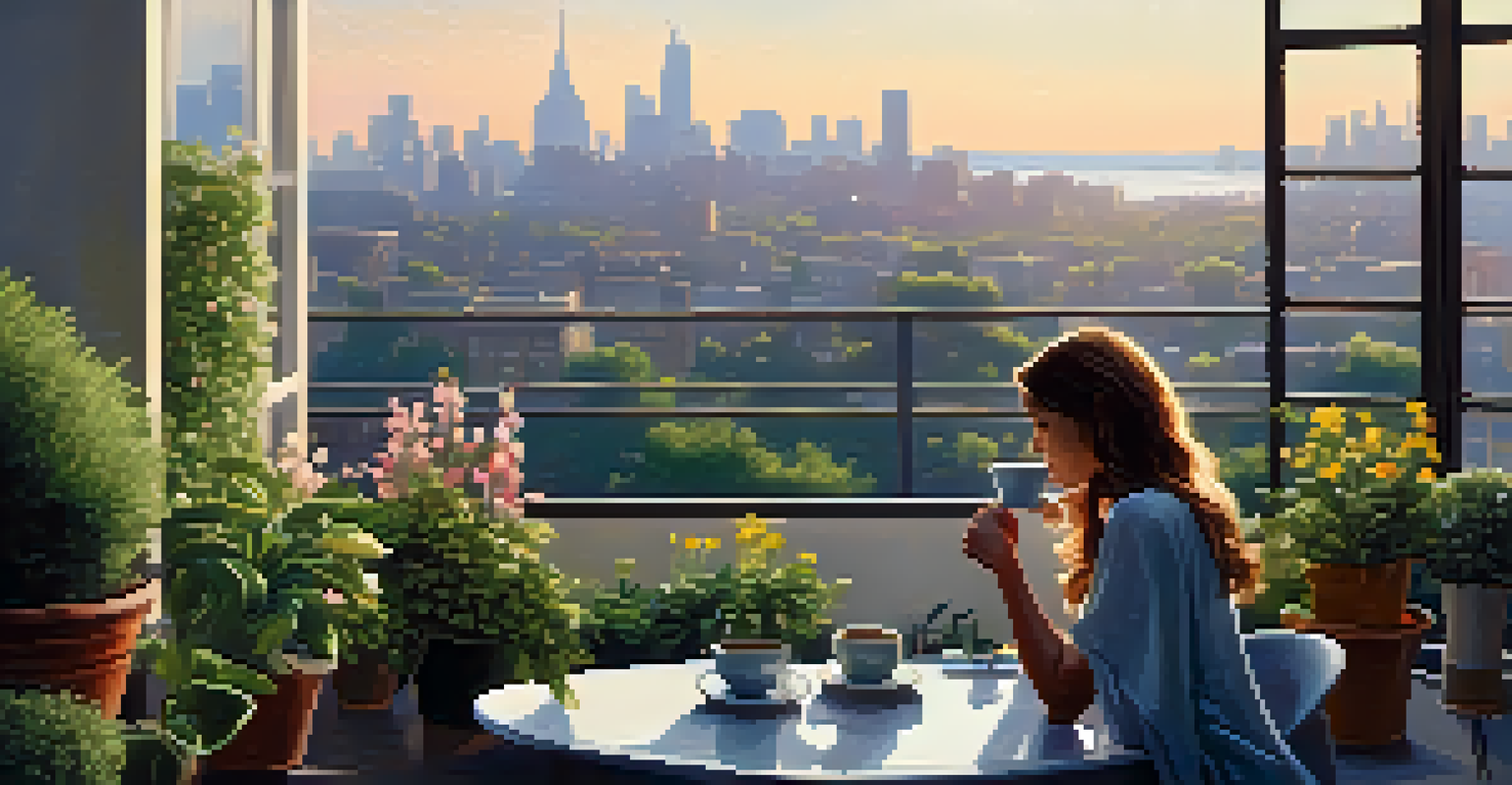 A beautiful rooftop garden overlooking the city, with lush plants and a person enjoying coffee amidst the greenery.