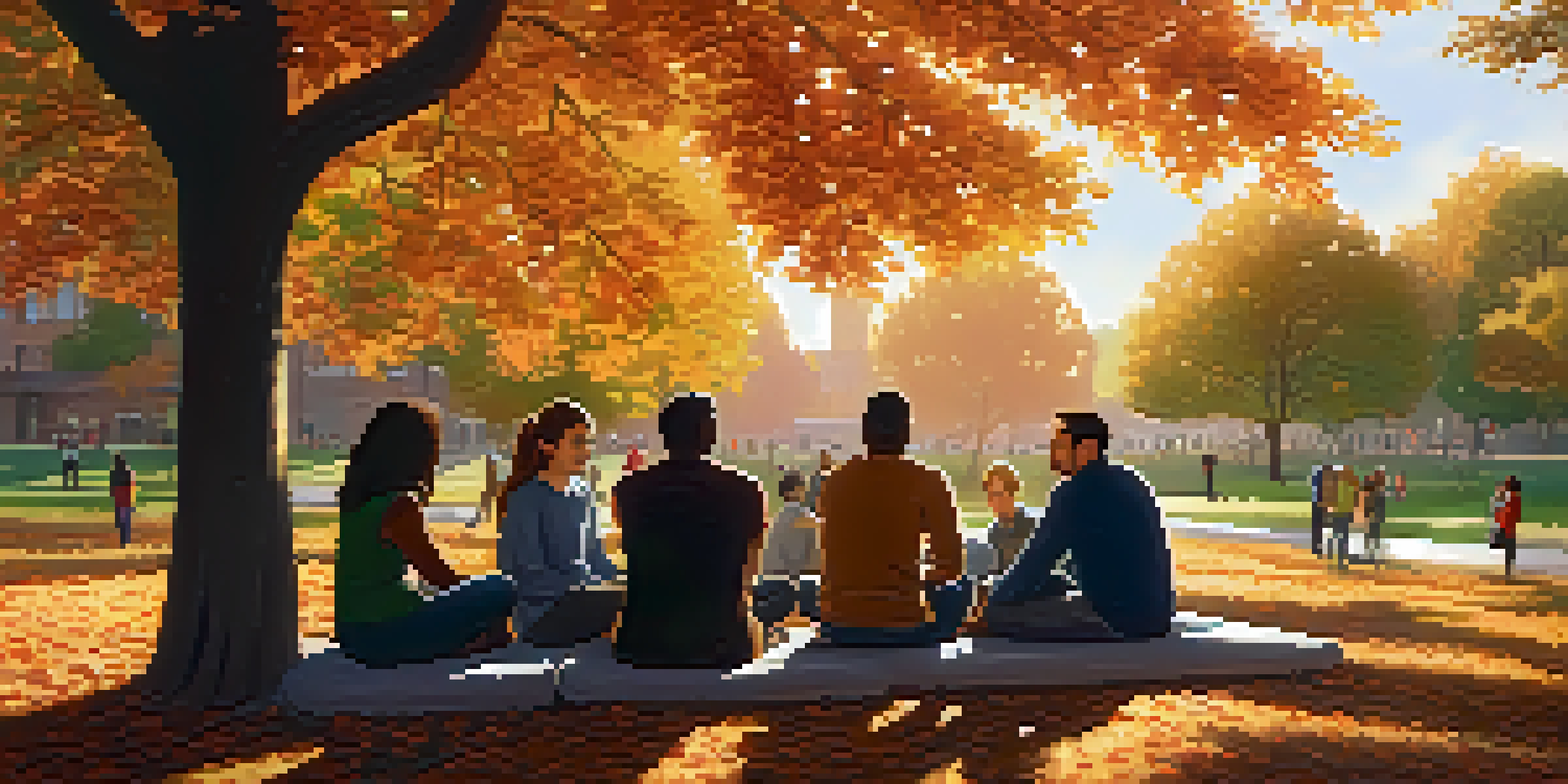 A diverse group of people sitting in a circle in a park, talking and supporting each other during sunset, surrounded by autumn leaves.
