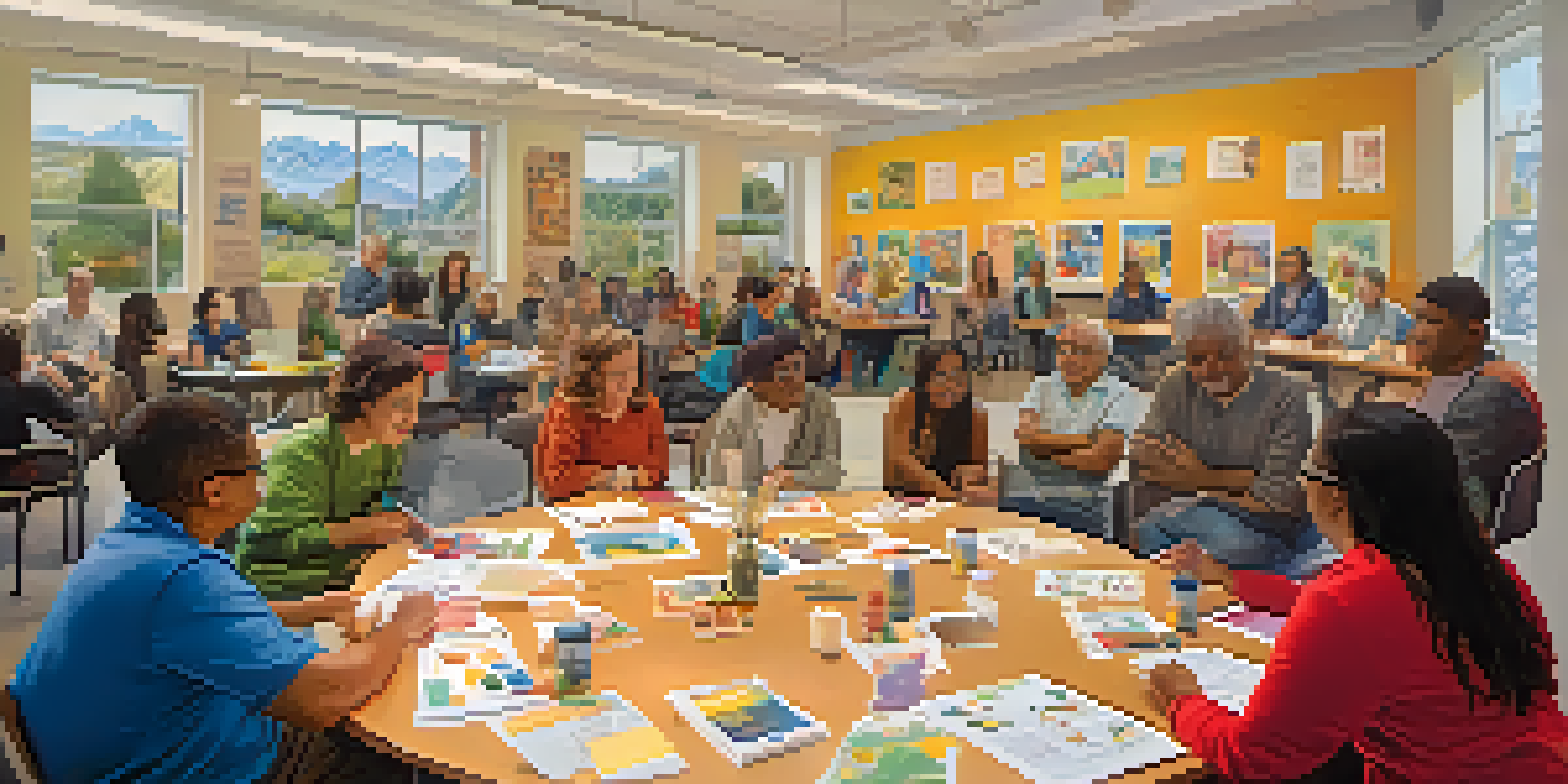 A community workshop in Cupertino with diverse residents discussing ideas around a round table, illuminated by natural light.