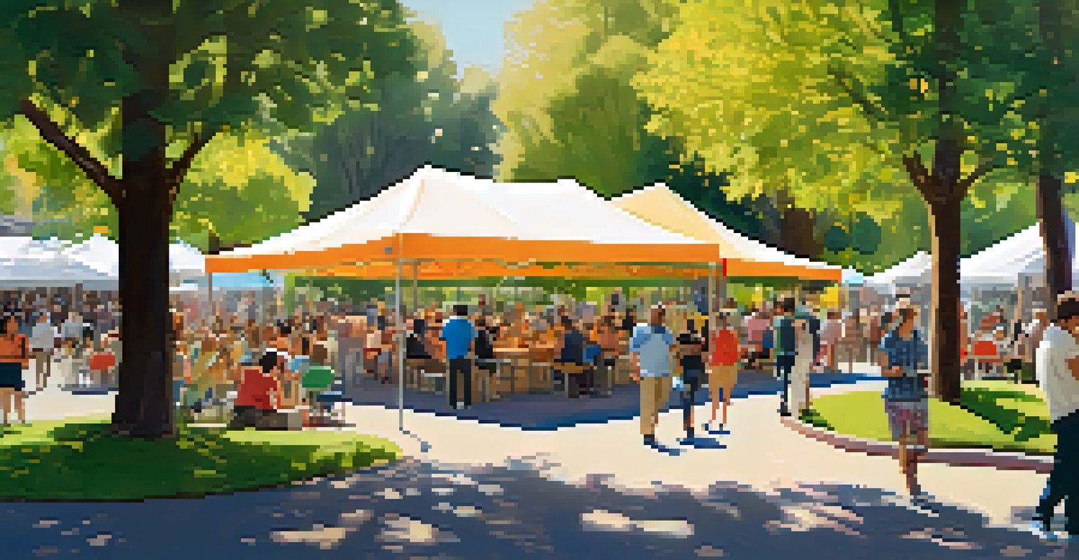 A vibrant outdoor community event with tents showcasing startup innovations, filled with people enjoying a sunny day in a park.