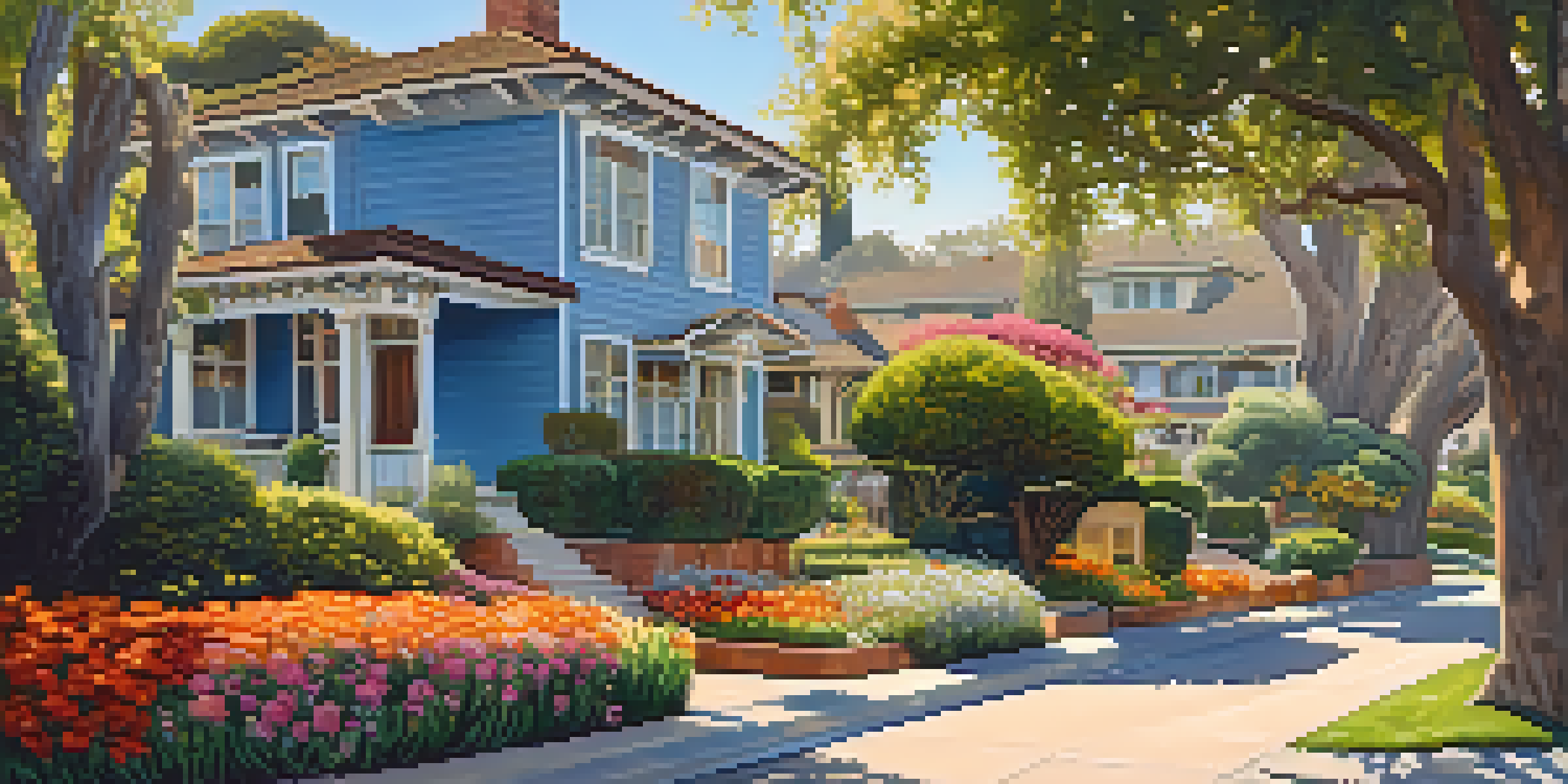 A scenic view of vintage homes in the Monta Vista community with colorful gardens and clear blue skies.
