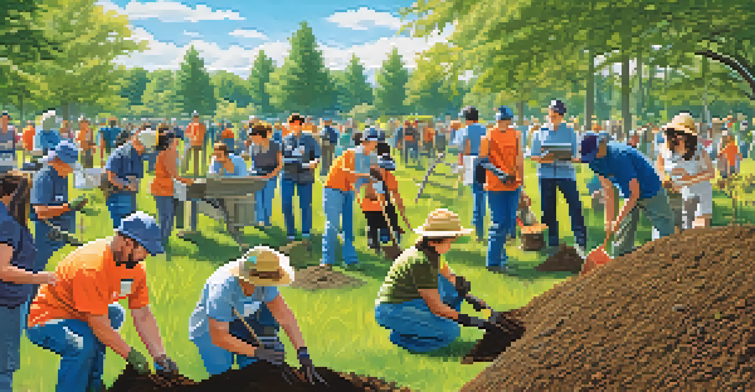 Volunteers planting trees in a park on a sunny day, with smiles on their faces and butterflies flying around.