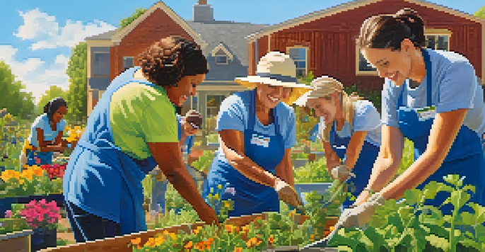 A diverse group of volunteers planting seeds in a community garden under a clear blue sky, surrounded by colorful flowers and greenery.