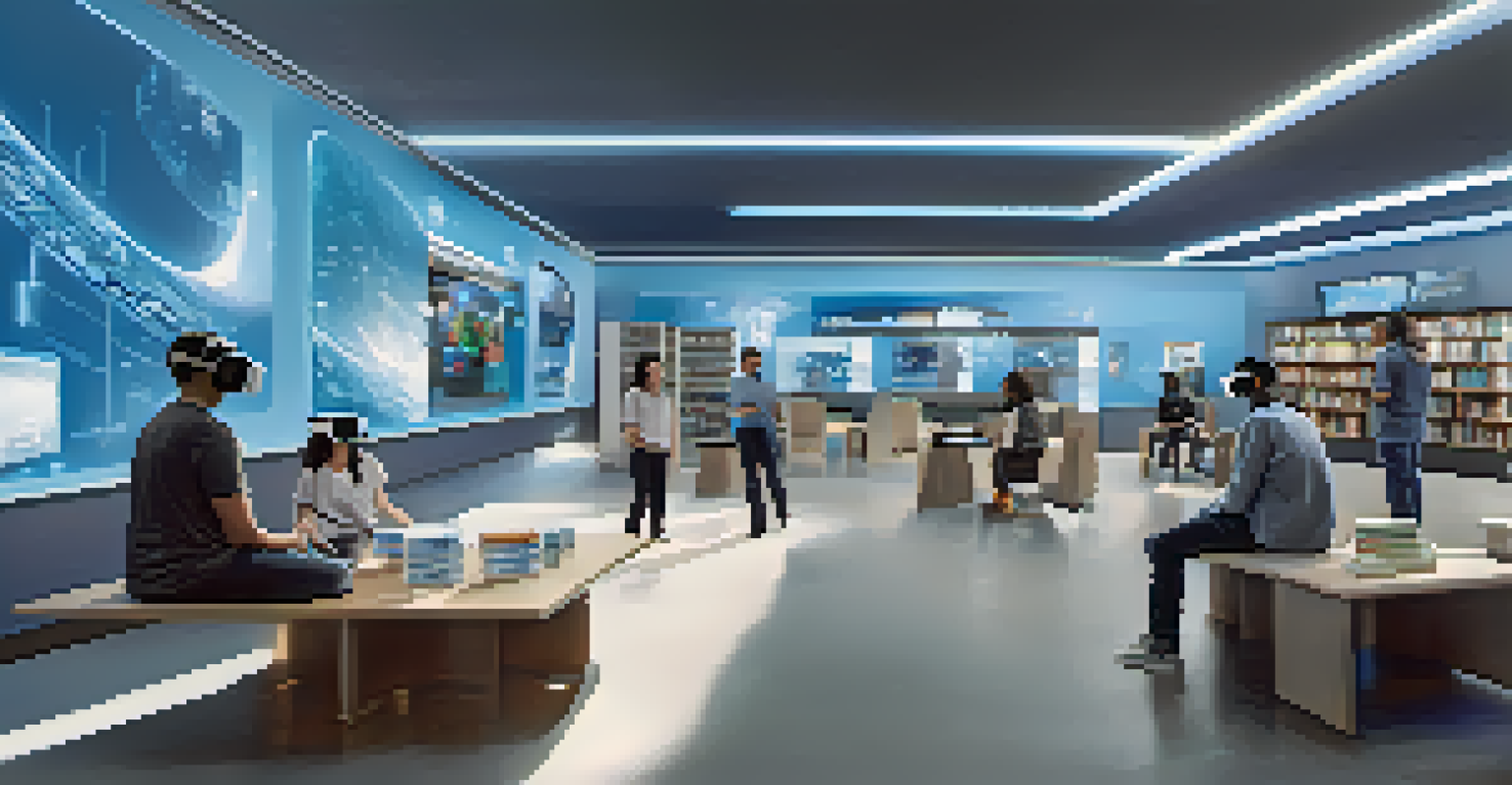A modern library technology area with patrons using virtual reality headsets for educational experiences. Bright and futuristic environment with screens and sleek furniture.