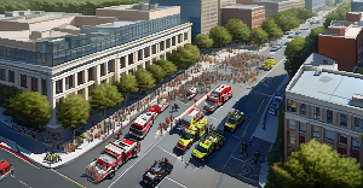 Aerial view of Cupertino emergency responders during a drill with fire trucks, police vehicles, and ambulances in action.