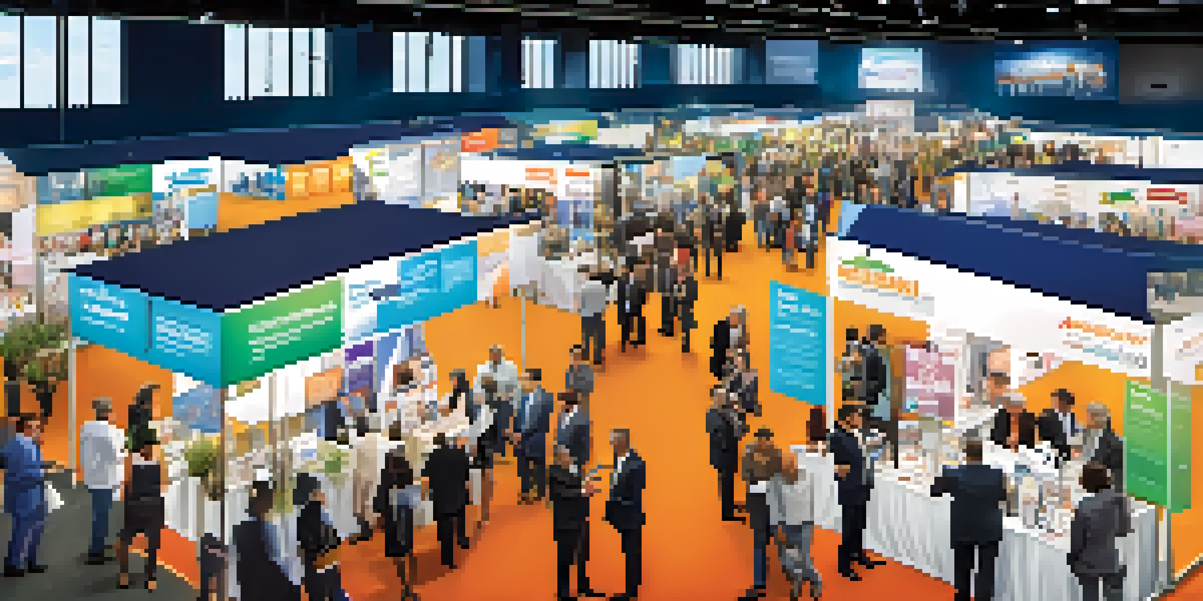 A busy business expo with colorful booths and people networking and sharing ideas.