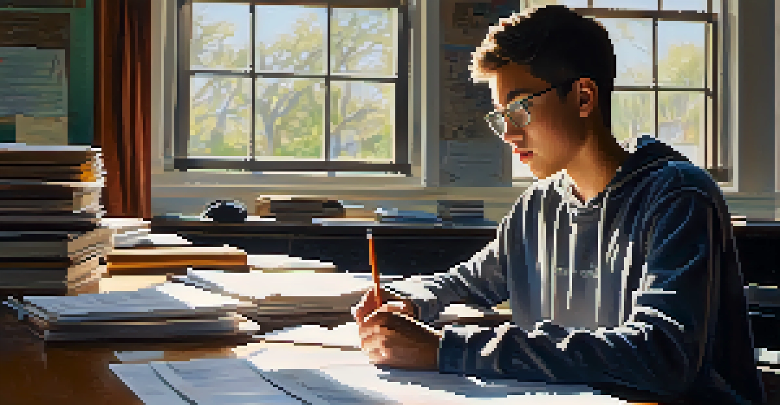 A high school student sitting at a desk during an Advanced Placement exam, looking focused and determined in a well-lit room.