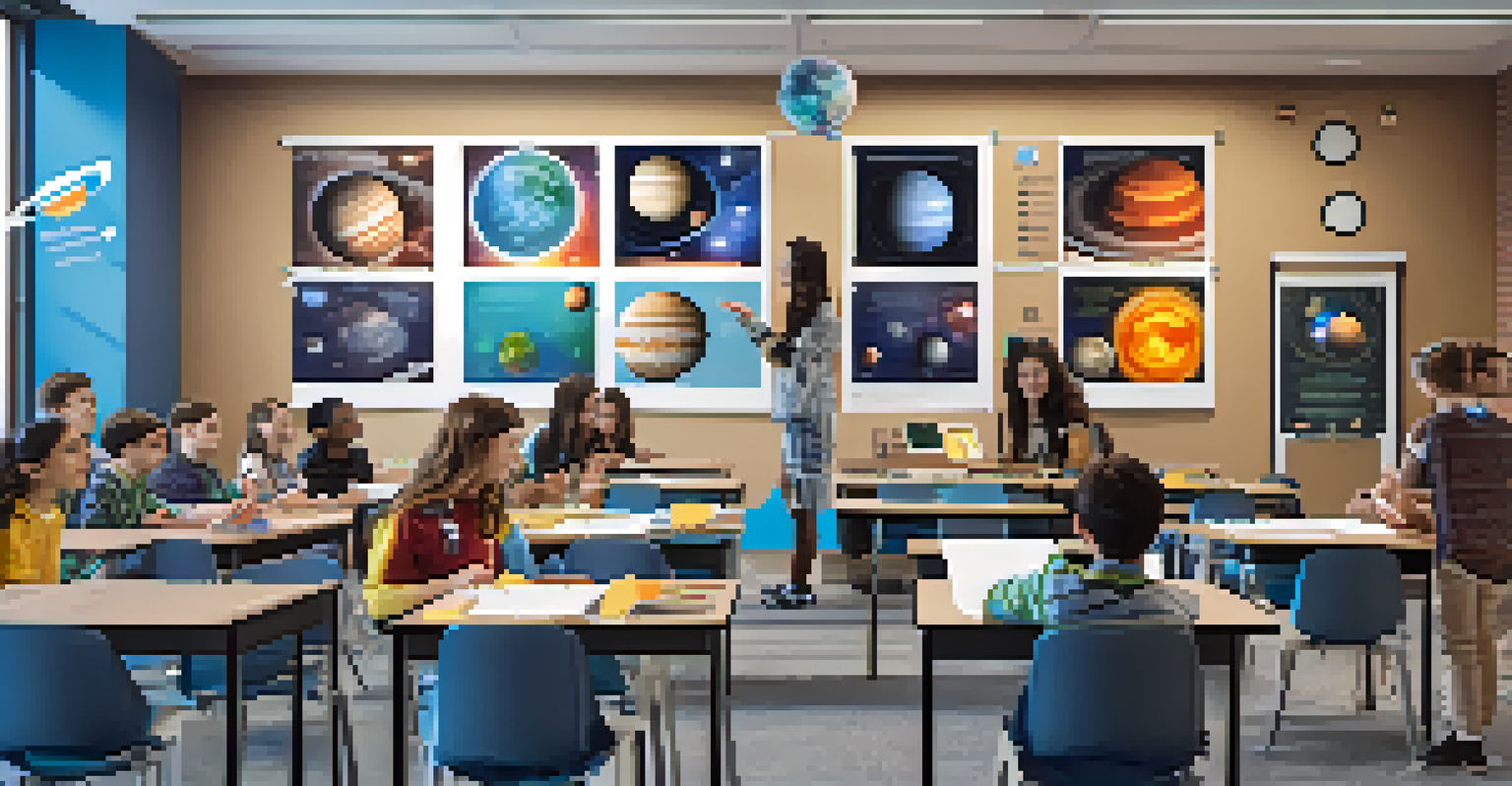 Students in a bright classroom using AR and VR technologies to explore a 3D model of the solar system.