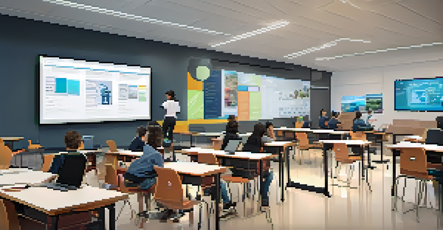 A modern classroom filled with students coding on laptops, with a teacher assisting at an interactive whiteboard.