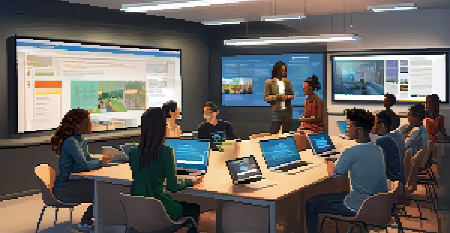 A mentorship session in a modern classroom with a tech professional guiding students, surrounded by motivational posters.
