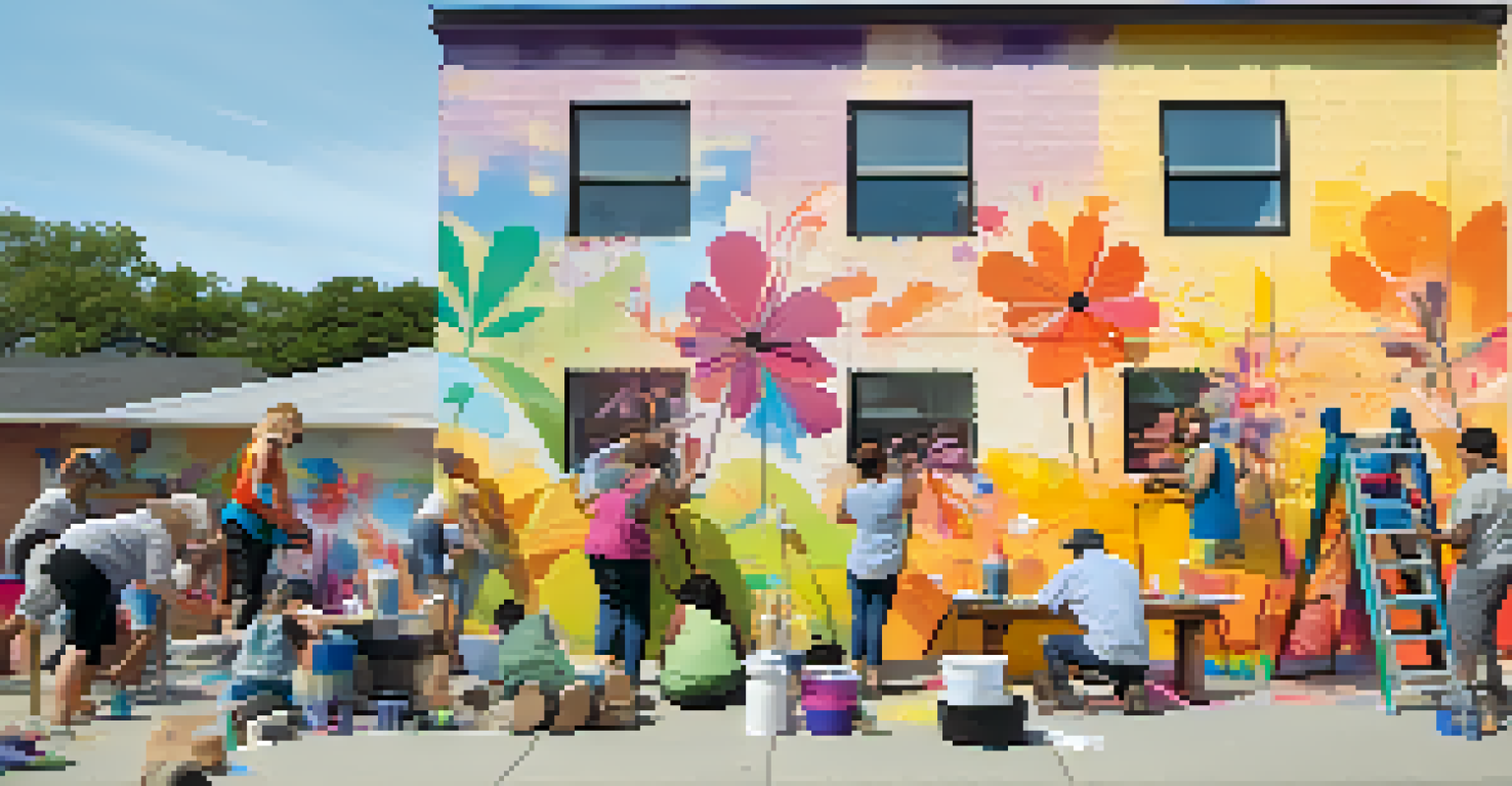 Residents collaboratively painting a large mural on a wall, surrounded by flowers and paint supplies, in a warm afternoon light.
