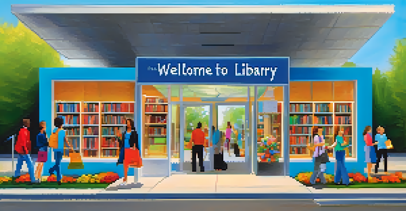 A modern library entrance with glass doors, a welcoming sign, and diverse people entering with books.