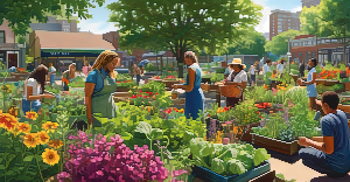 A lively community garden with colorful plants and people gardening amidst urban buildings.
