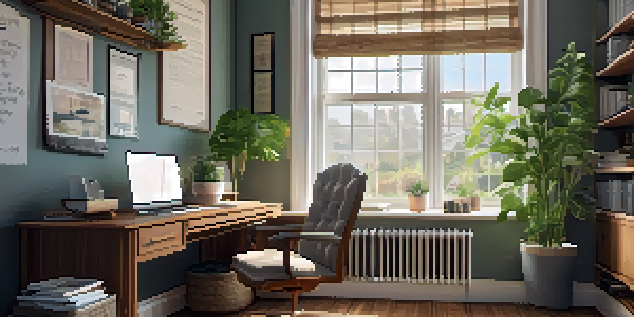 A cozy home office with a wooden desk, laptop, coffee cup, and potted plant, illuminated by natural light.
