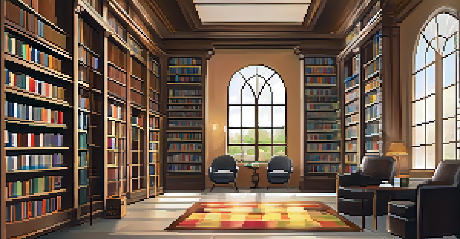 An interior view of a local library featuring a business resource area with shelves of books and a cozy reading nook.