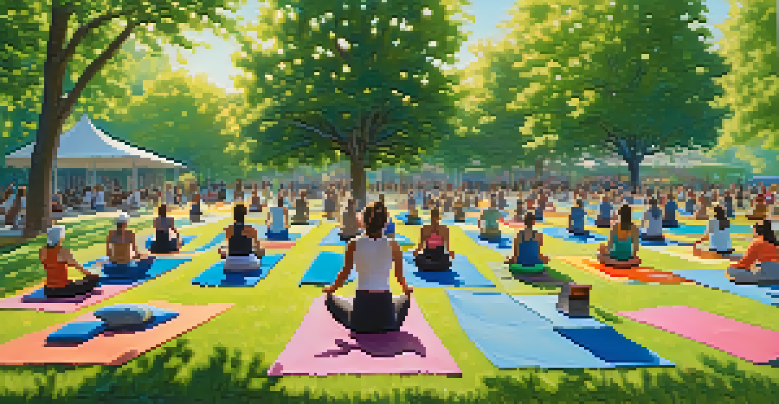 An outdoor yoga class in a sunny park with participants on colorful mats.