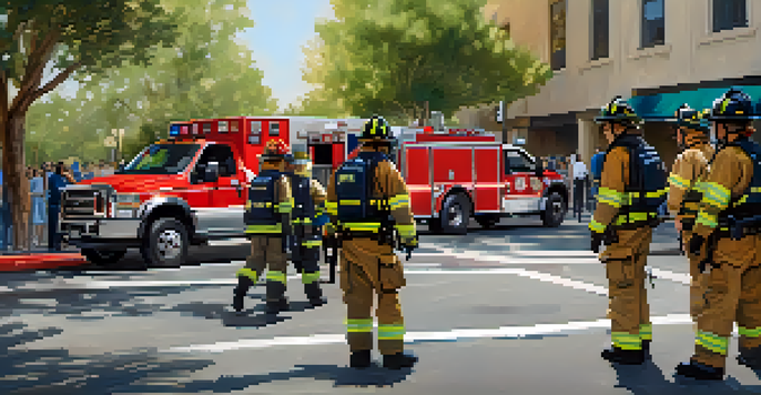 Emergency responders training in an urban setting, collaborating during a mock disaster drill.