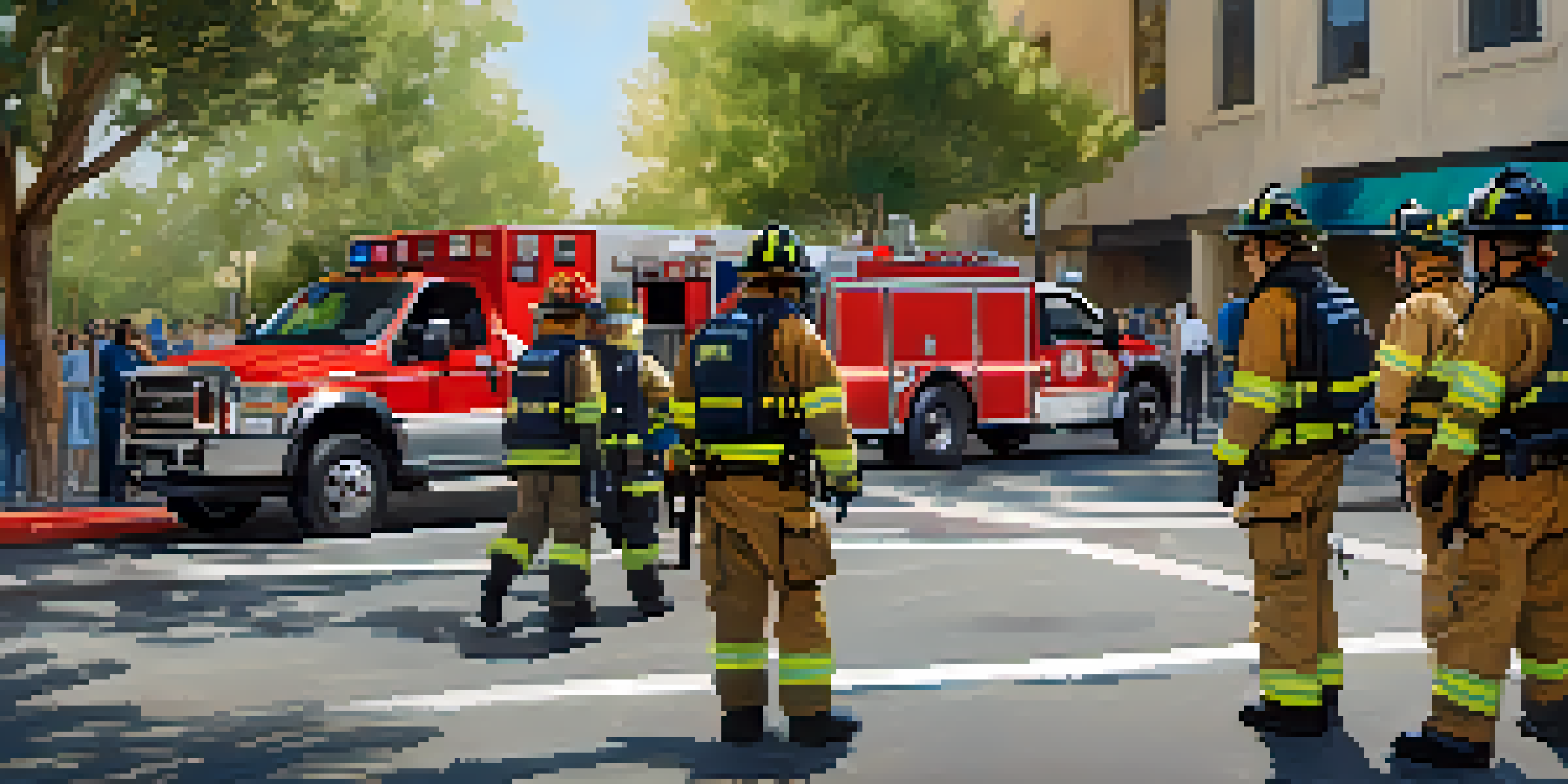 Emergency responders training in an urban setting, collaborating during a mock disaster drill.