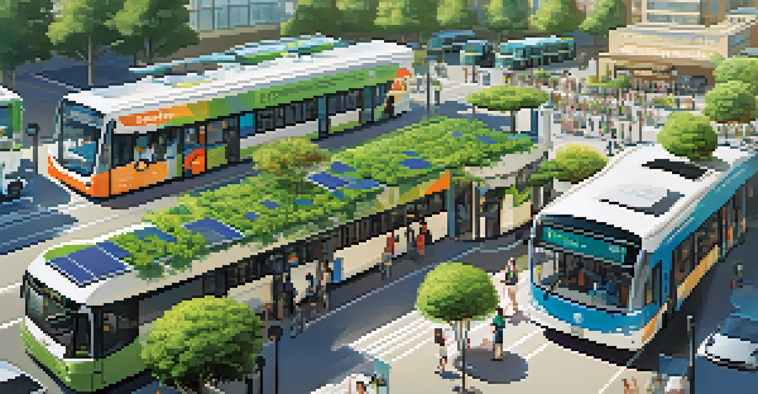 A transportation hub with eco-friendly buses charging at solar stations, surrounded by people and nature.