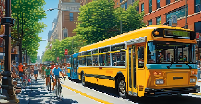 A modern electric bus driving down a busy urban street with cyclists and pedestrians. The scene is filled with sunlight filtering through trees and vibrant storefronts.
