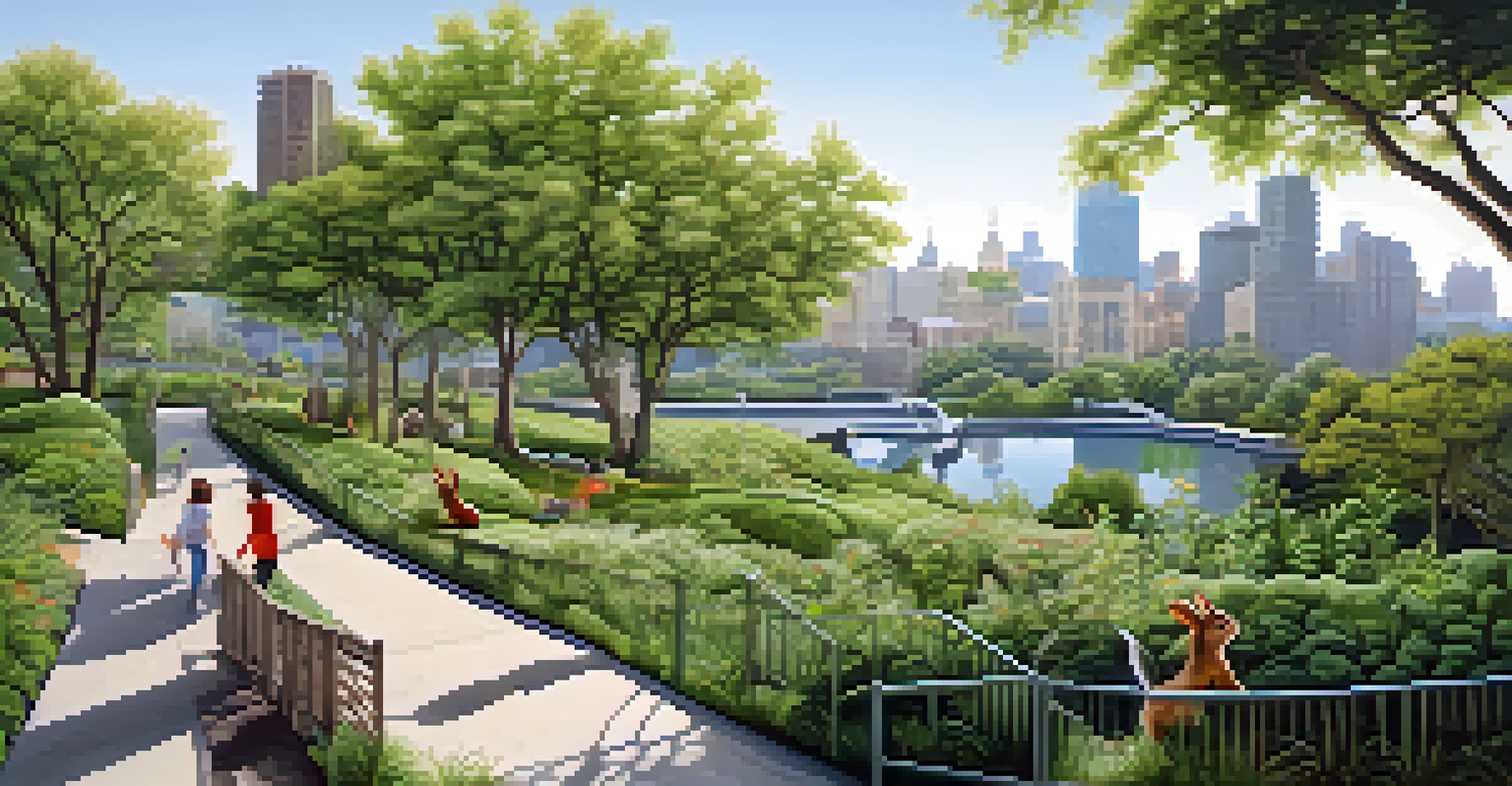 A series of urban parks serving as wildlife corridors, with squirrels and rabbits navigating through lush green spaces, framed by city buildings.
