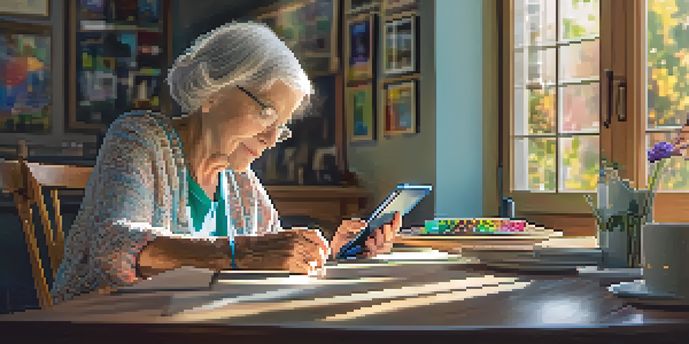 An elderly woman interacting with technology at a table, with warm sunlight and family photos in the background.