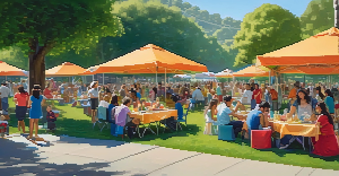 A lively community event in Cupertino with families enjoying a sunny day, colorful banners, and children playing.