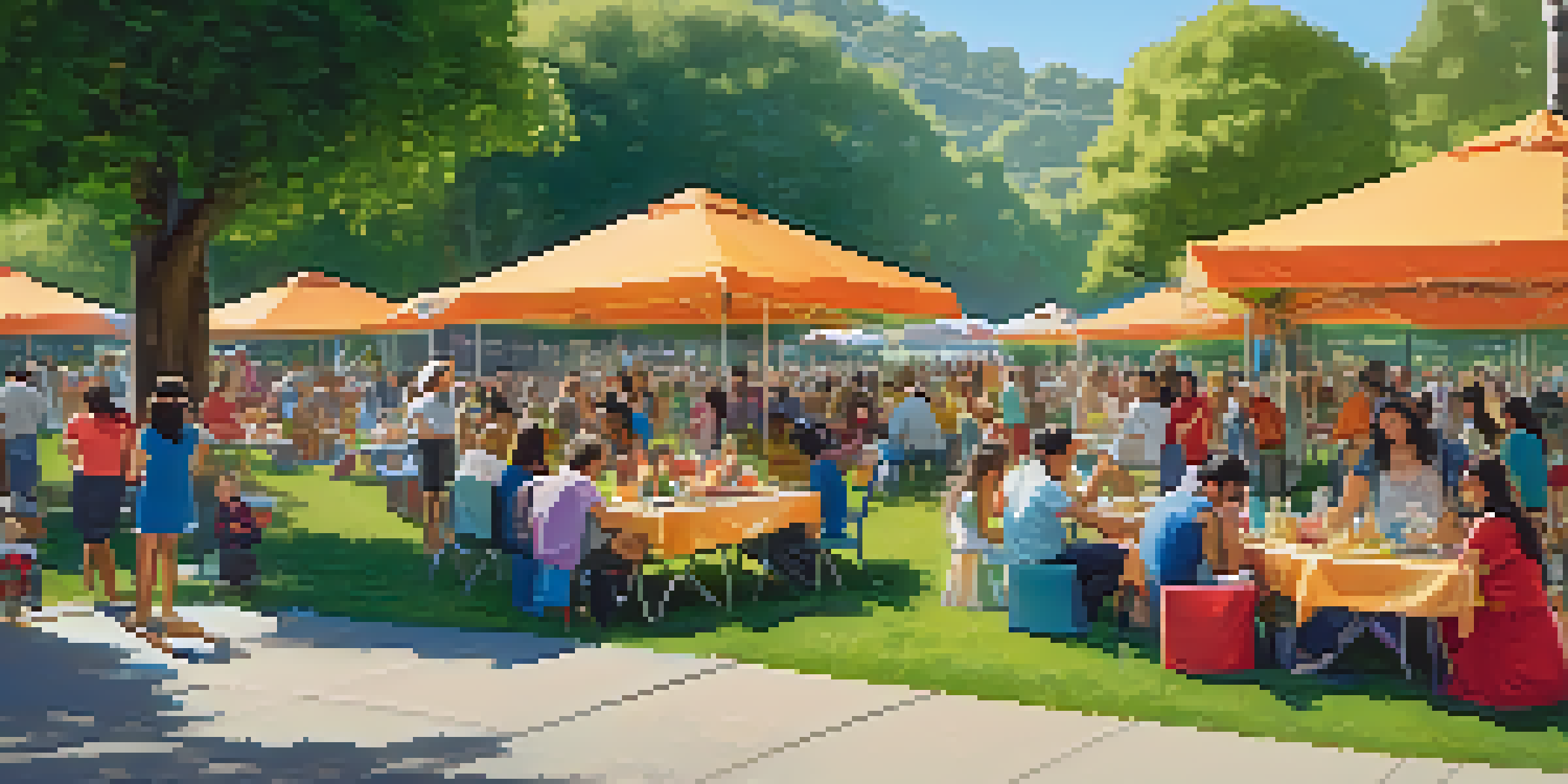 A lively community event in Cupertino with families enjoying a sunny day, colorful banners, and children playing.