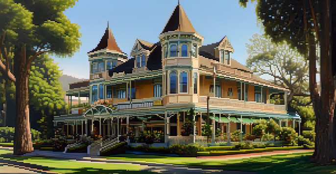 A historic hotel with Victorian architecture set in a lush environment with trees and flowers illuminated by afternoon sunlight.