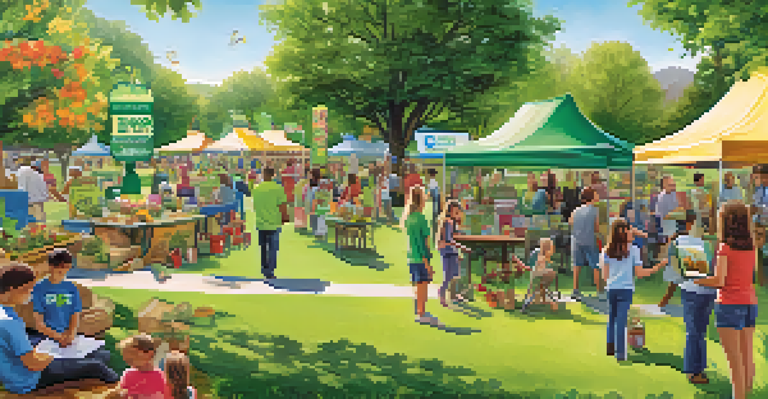 A community park event promoting sustainability with families, booths, and greenery.
