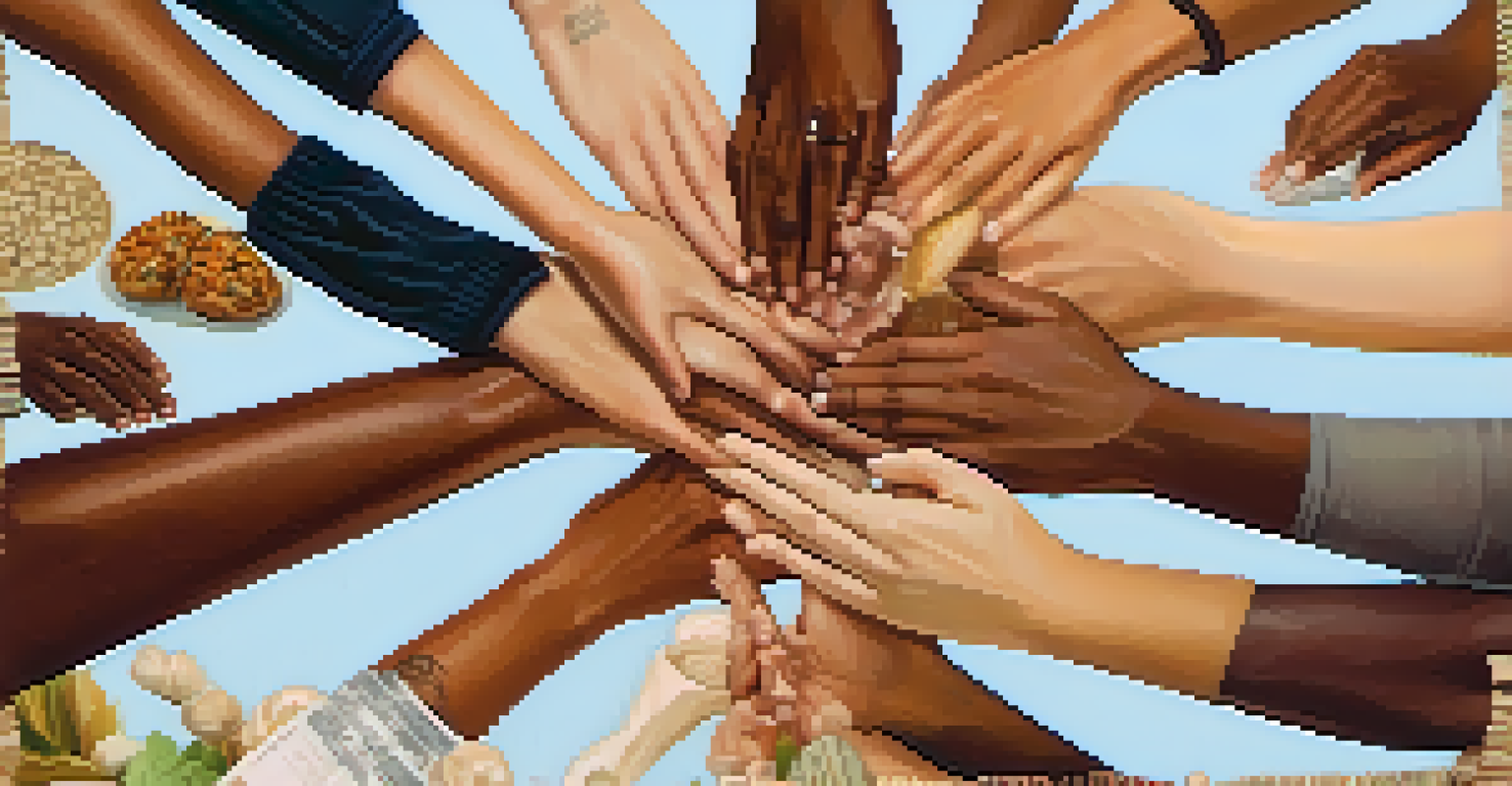 A close-up of diverse hands united on a table, symbolizing community support and collaboration.