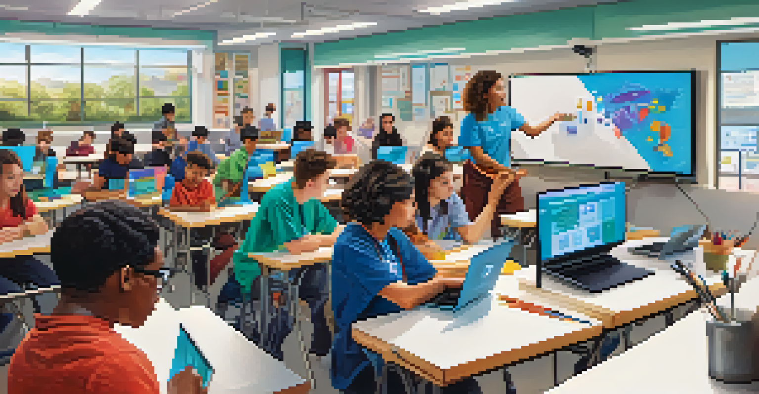 Students participating in a tech workshop in a bright classroom, with an instructor teaching coding while students work on laptops.