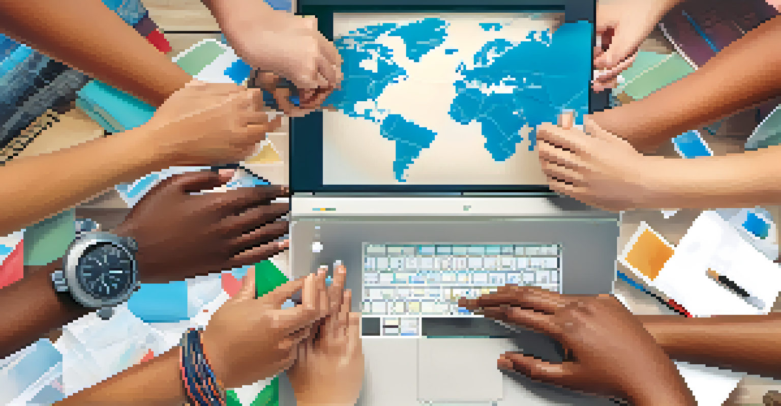 A close-up of diverse hands working together on a laptop, symbolizing collaboration in digital literacy.