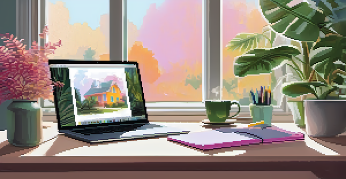 A cozy home office with a desk, laptop, houseplants, and a window letting in natural light.