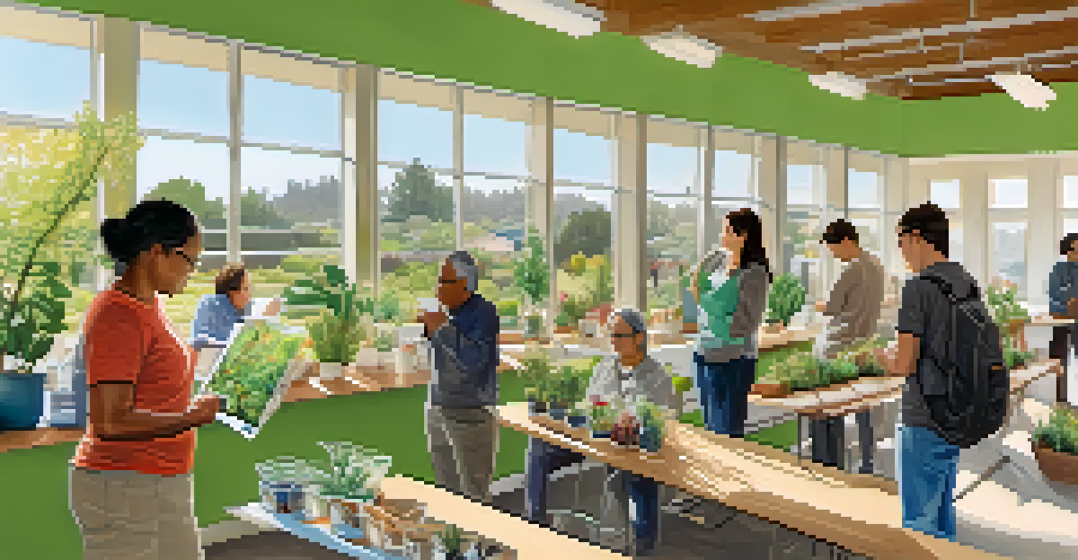 A community workshop in Cupertino where residents learn about energy efficiency, with informative displays and a welcoming atmosphere.