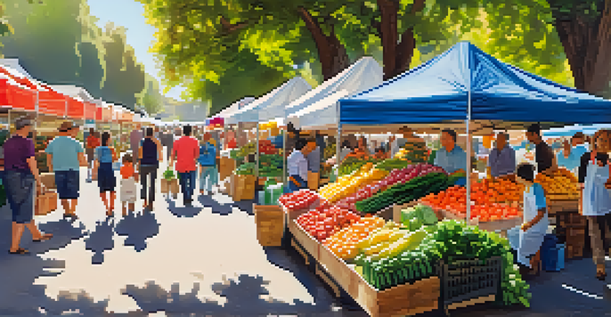 A lively farmers market with families, colorful produce stalls, and children tasting fruits and vegetables under sunny trees.