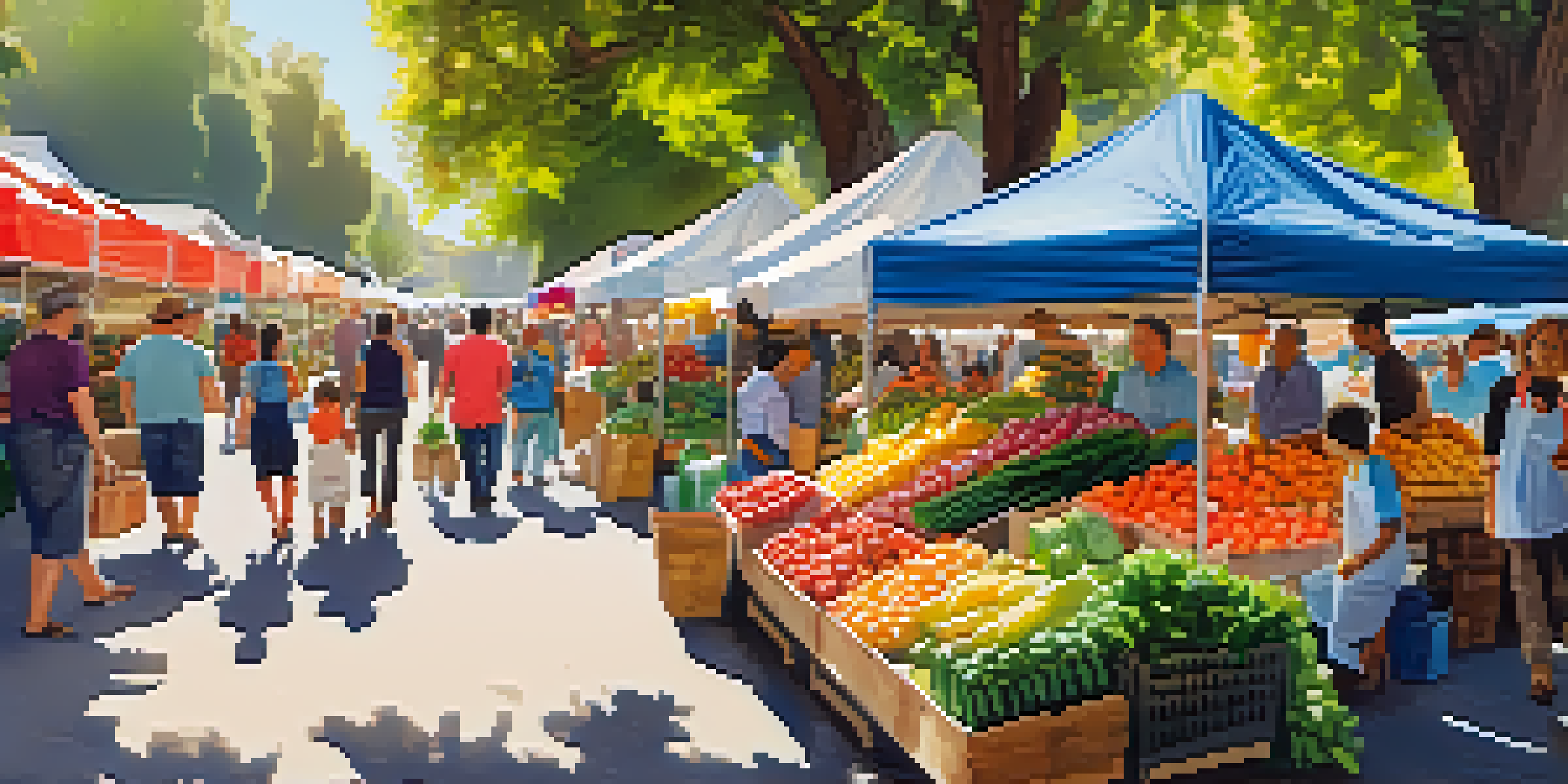 A lively farmers market with families, colorful produce stalls, and children tasting fruits and vegetables under sunny trees.