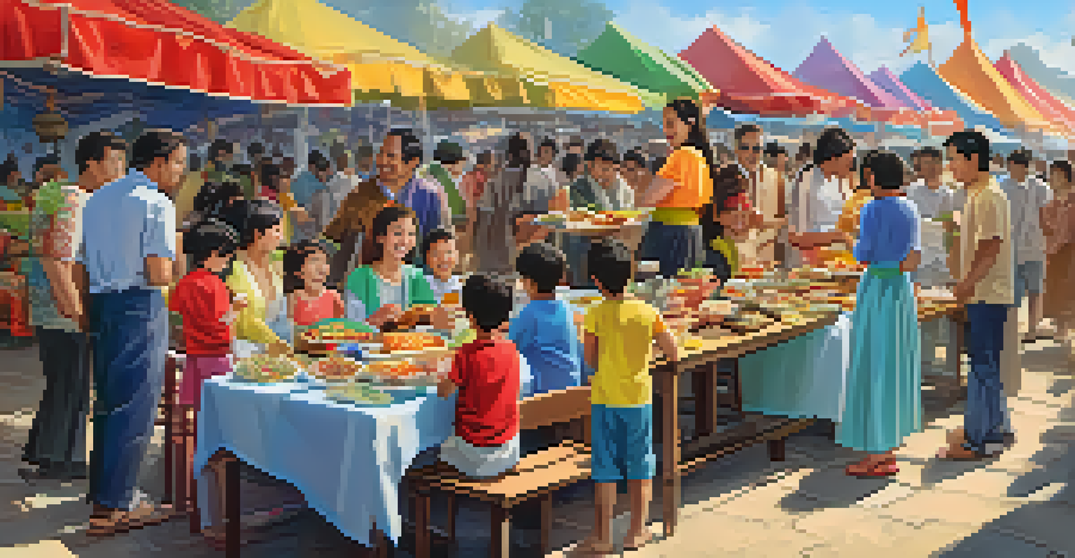 A family sampling international foods at a festival, surrounded by colorful stalls and decorations.