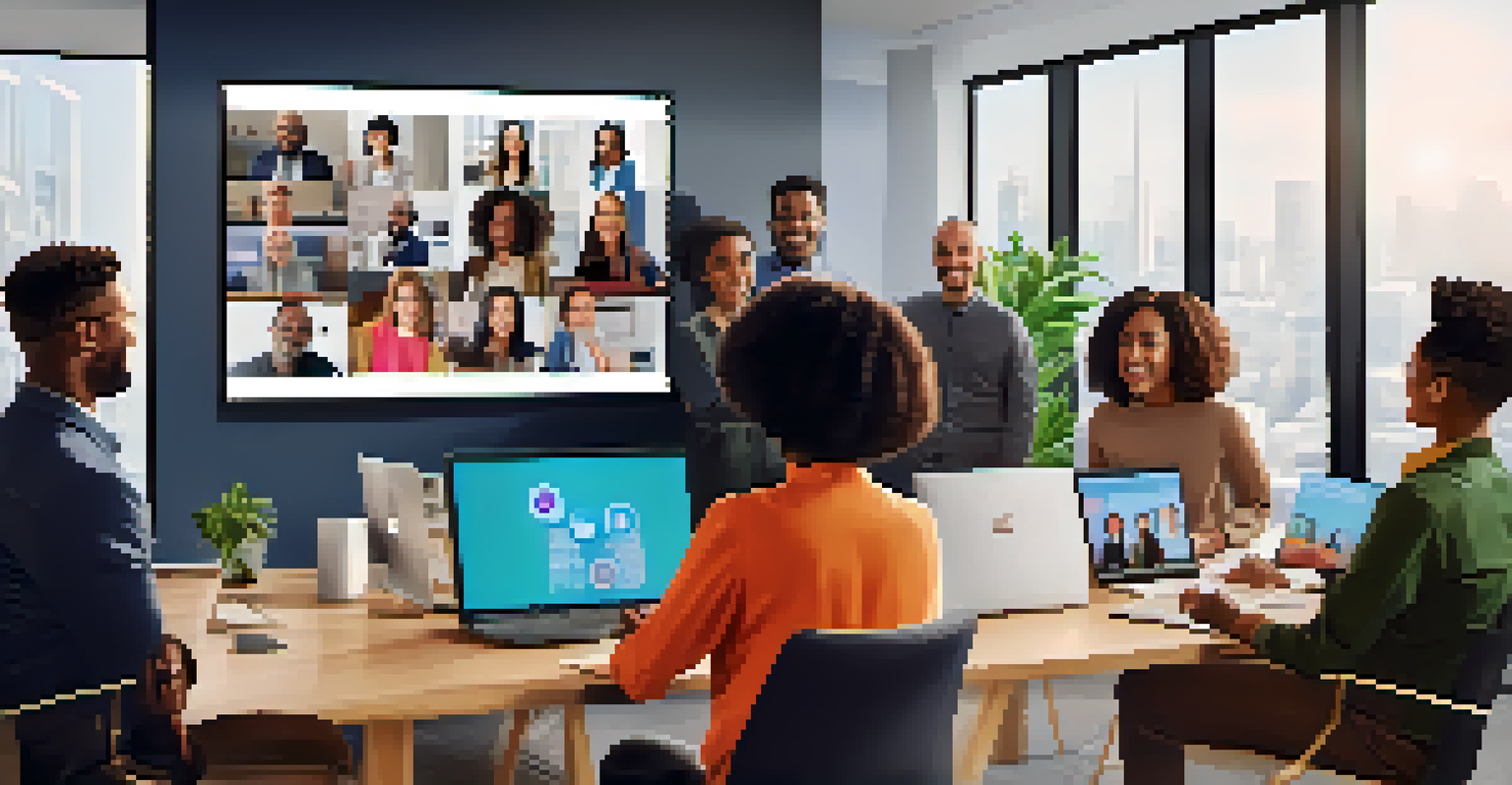 A diverse group of people participating in a video conference in a modern office.